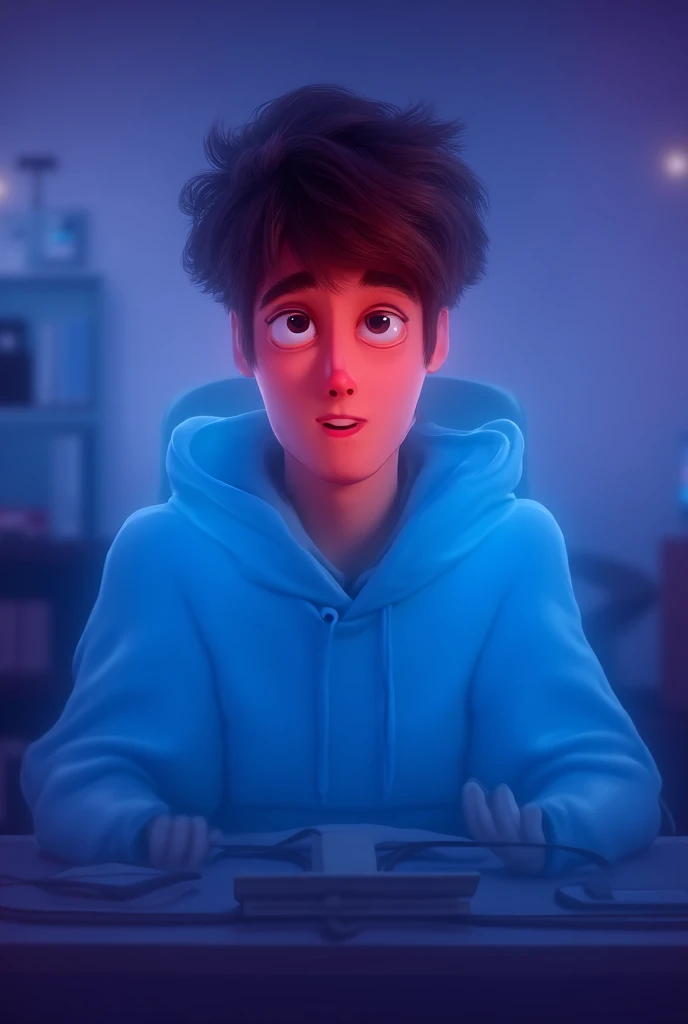 create an image depicting a handsome 20-year old  male sitting at a desk behind his open Computer and microphone in front. he is wearing a nice Sky blue hoodie. he has fancy hair. font facing the camera. sitting straight and centered. nice Gaming setup bac...