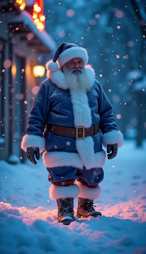 Pere noel typé hip hop avec sa tenue bleue et fourrure blanche. Vue de la camera du sol vers le ciel vue du pere noel en contre plongee Le pere noel a les pieds dans la neige. Lumiere sur lui et fond dans l’ombre avec des particules de couleurs et de la ne...