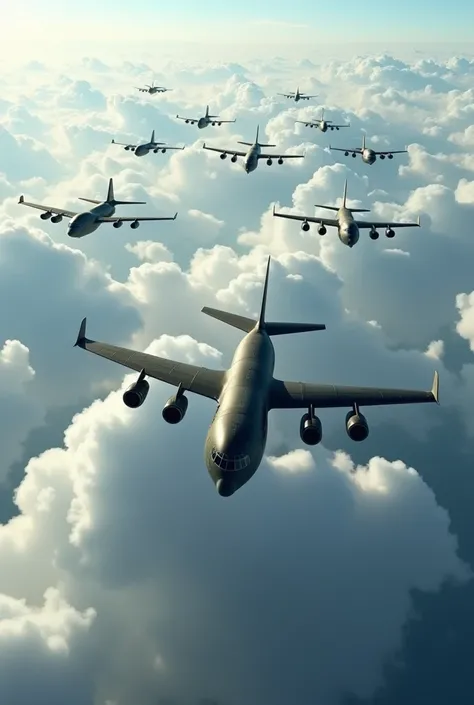 Ten paratrooper transport type Israel  aircraft ,Spread out far apart,There are many thin clouds around it,background of white clouds,Very realistic, finest details, very natural, cinematic