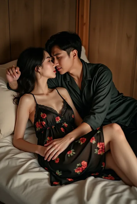  photography full body of a beautiful Korean woman ,  wears black fruit print nightgown"an,  laying on bed ,  with a handsome Korean young man ,m emakai shirt,Backstage indoors ,  Ultra HD 32k  