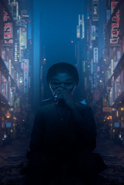 "Takashi Mitsuya sits in neon city, smokes a cigarette at night , its raining a little ,  and hes in a depressed mood ."

