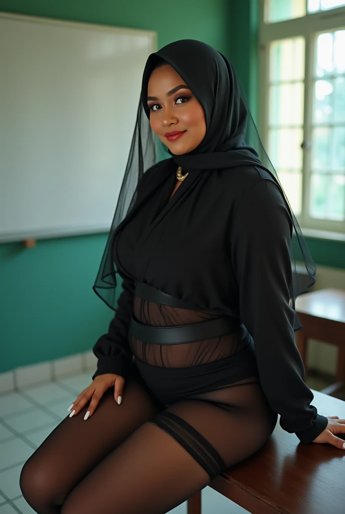 ((portrait)) (full body photo), A gorgeous matured  teacher (sit on a table) behind white board,((35 year old)), ((malay women)), curvy fit body shape, bigger ass, gluteal,busty, huge thighs, (wore stockings),((garter belt)),((black hijab)),(wedding veil),...