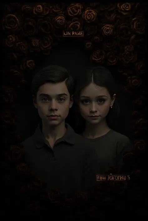 a boy and a girl, with the words “Find Me”, the words “Victoria S.” under it. Black and gold roses and thorns around them 