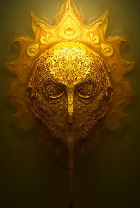  A golden mask of a human face with a golden disc circling the mask, A pointy chin, six points coming out from behind her and with spiral eyes  