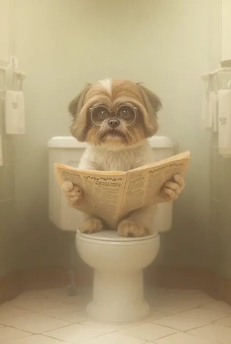 Shih tzu on the toilet reads the newspaper