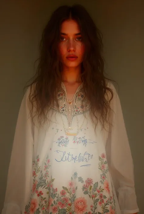  beautiful girl with long wavy hair， wearing a bohemian dress， The embroidery shows intricate patterns and colors {x} The background can be a magnificent A corner of the palace {x} holds a whiteboard with the words “I Love SeaArt Infinity” written on it，an...