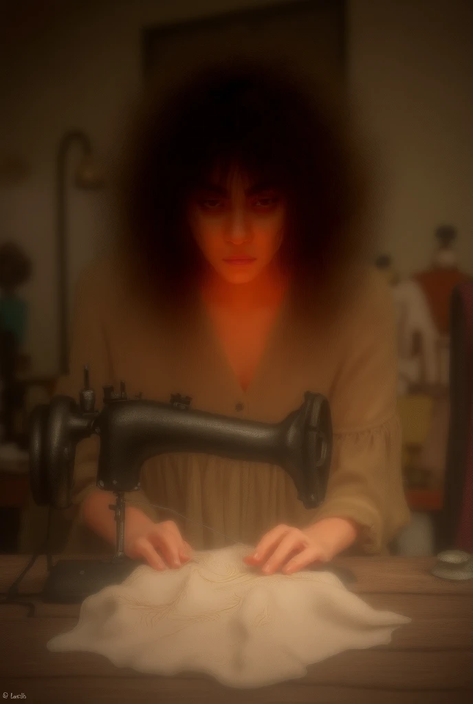 Characters of curly brunette woman in a sewing machine sewing