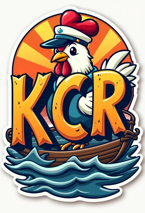 Logo sur un sticker, lettres "KCR", "KitchenChickenReward", entreprise maritime, style BD francaise des années 1980