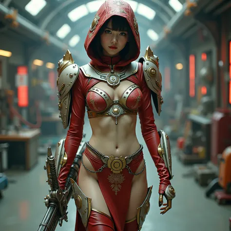 (best quality), future, (1 girl,korea face sexy  girl , pale skin, (body heigth:140cm), innocent look, Young face, hair undercut,NFSW, solo, miko motif exoskeleton suit, led, gas mask, holding blade, machinery, digital engraving, ultra highres, absurdres, ...