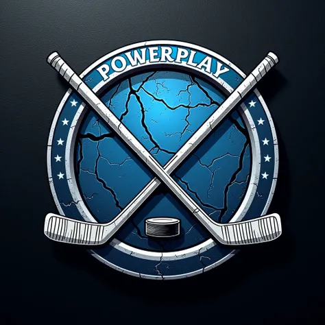 Design a logo featuring crossed hockey sticks and a puck at the center of a circular ice-blue background with cracks resembling ice. Surround the circle with sharp, dynamic lines in shades of white and dark blue to emphasize energy and speed. Below the cir...