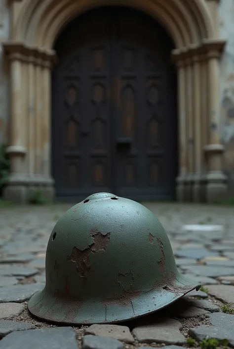 At the entrance of a convent there is a war soldiers helmet lying on the floor