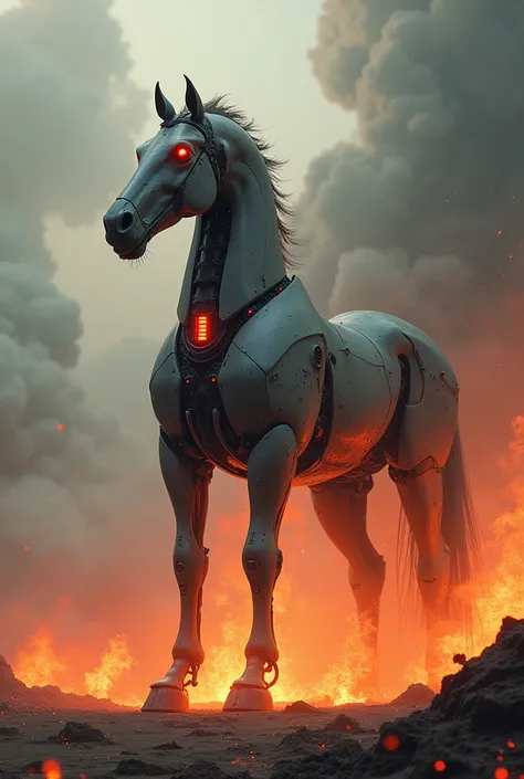 A giant, powerful, hybrid creature that looks like a combination of robot and horse. Eyes will be red. There will be fire