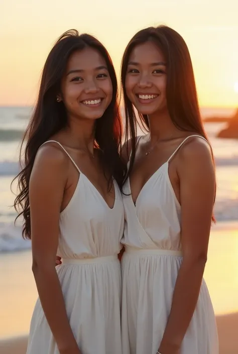 Age: 20-25
Ethnicity: mixed Japanese Hawaiian couple
Hair: black, long, straight
Eyes: black
Facial Features: oval face
Expression: beautiful smile
Clothing Style: white dress
body: thin, fit shape, good figure
background: on a beach at sunset