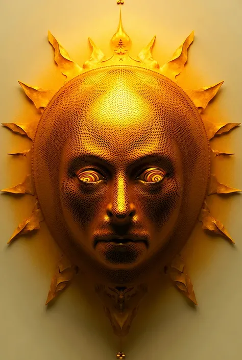  A golden mask of a human face with a golden disc circling the mask, A pointy chin, six points coming out from behind her and with spiral eyes , Delimit your mouth well,nose and eyes 