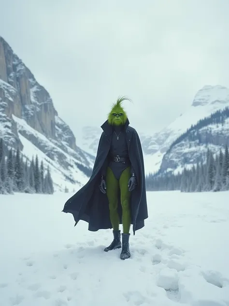 Grinch alone in the middle of the snow. with black ninja clothes, black coat.