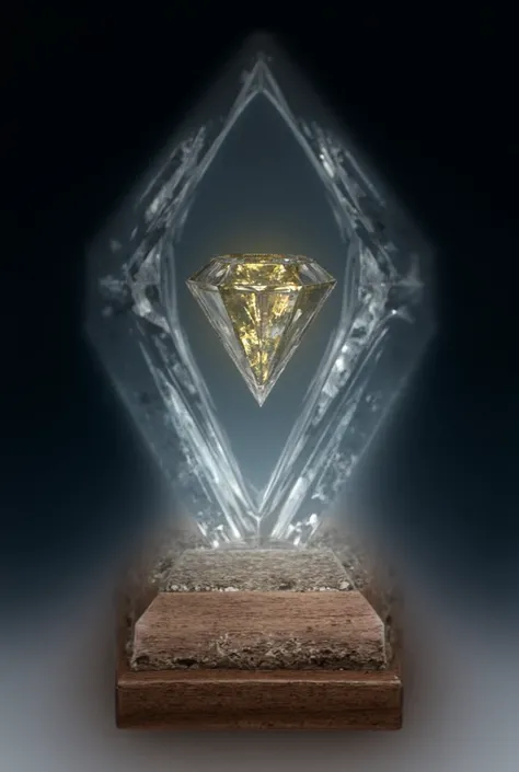  Make a crystal trophy , in the shape of a diamond ,  with one of the tips embedded in a wooden base with a space for the name of the winner and inside the crystal diamond another smaller diamond inscribed on it, golden in color,  so that I can name the pr...