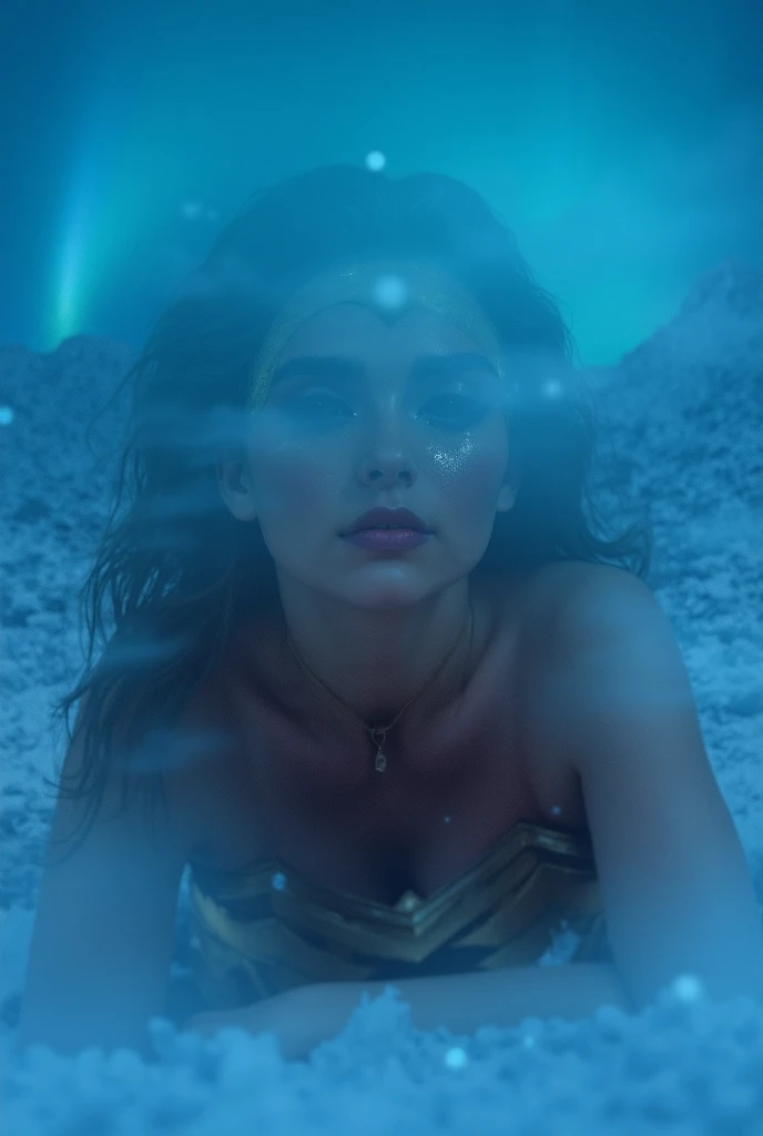  Wonder woman lies in the snow in the mountains, In a sexual position, languidly looks at the viewer ,  slightly opening your mouth ,  Northern lights in the sky