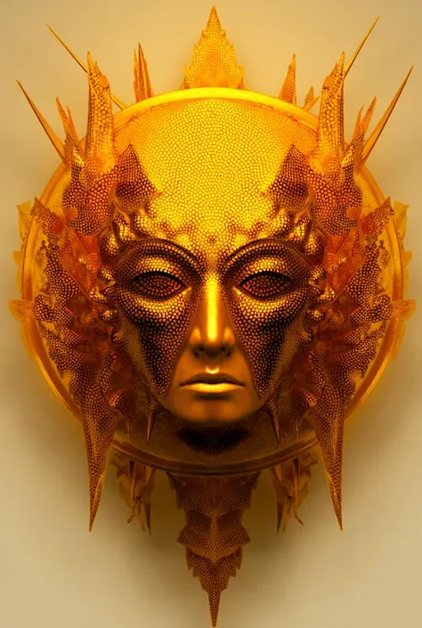  A golden mask of a human face with a golden disc circling the mask, A pointy chin, six points coming out from behind her and with spiral eyes , Delimit your mouth well,nose and eyes 