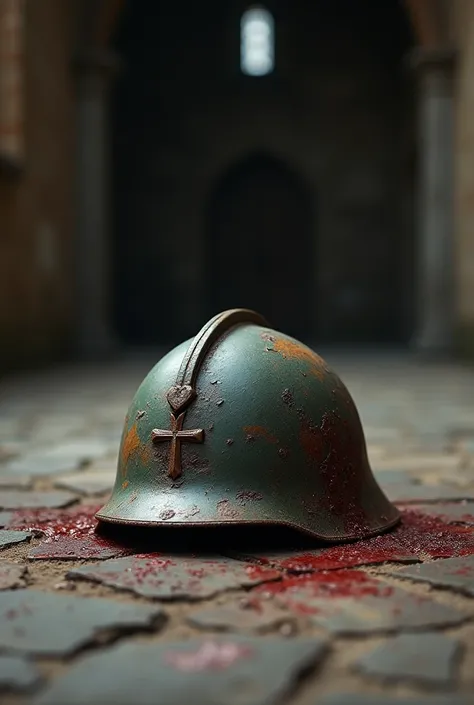  On the floor of the entrance of a convent there is an Italian soldiers helmet, The helmet has burned parts and blood stains 