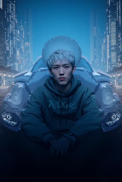 Make a young white haired man wearing a hoddie with killua writing sitting in front of a sports car and in the background of tokyo city
