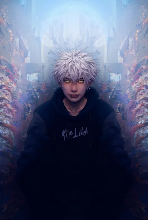 Make a young man with white hair wearing a hoddie with the inscription killua sitting in front of a sports car and the background behind the city
