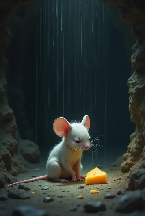 In deep dungeon A very slender Mouse cries over a very small microscopic piece of cheese tears like rain 