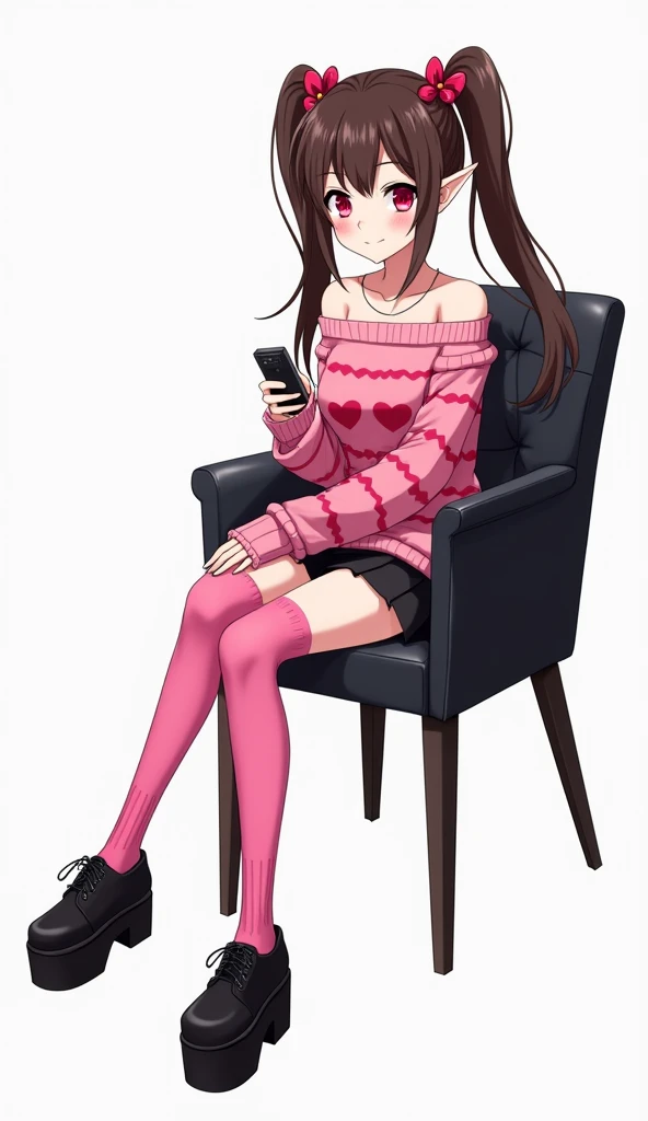 Anime teen woman with elf ears with a youthful and modern style. He wears a pink and black striped sweater with bare shoulders and bare abdomen.,  a short black skirt with heart details , matching pink tights and warmers ,  along with black platform shoes ...