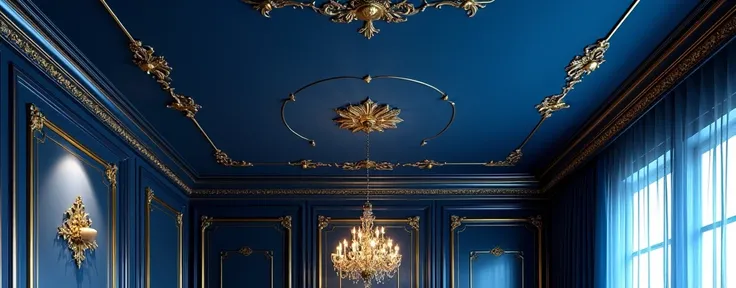 drawing dark blue with gold beautiful stretch ceiling in a beautiful cool renovation