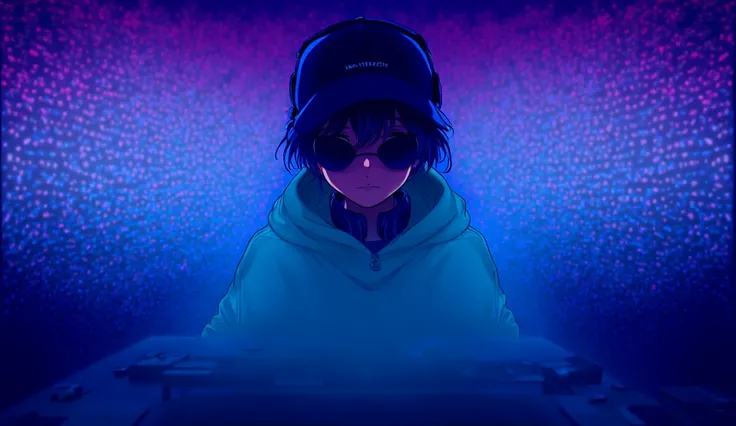 He has no lipscharacter : he has no lips.anime cartoon of a male character, with headphones and a black packable cap and sun glasses, sitting upright, looking straight into the camera in a very nice and expensive cyberpunk studio setup, table in front, wea...