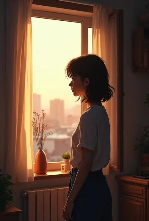 Woman in an apartment in front of an open window 