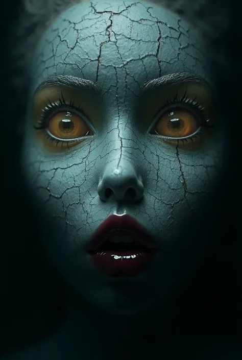 Create an image of a human face in a dark tone ,  skin made of broken porcelain or ceramic .  The face has a serene expression with large yellow eyes and wide burgundy lips. The surface is cracked ,  revealing intricate lines ,  giving the impression of ag...