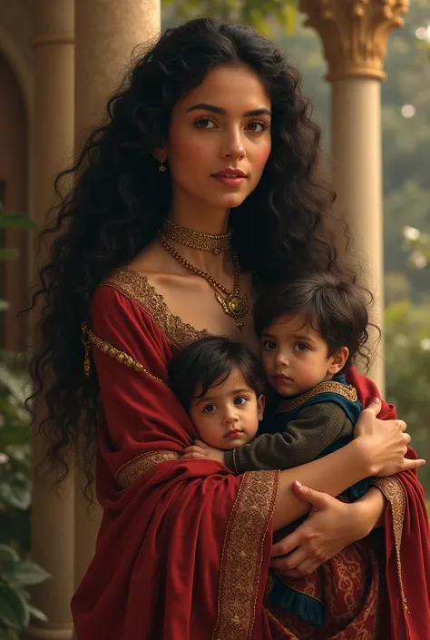 A beautiful and young and powerful sultana with long and curly hair, With dark skin with her sons in her arms. 