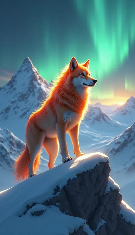 "A mystical wolf with a fiery mane, standing on a snowy mountain peak with an aurora borealis above."