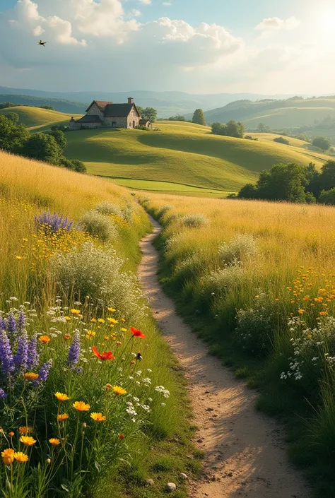 Rolling hills stretch gracefully across the countryside, their soft slopes undulating with the landscape, dotted with patches of wildflowers. The hills are a rich mix of deep green grasses and golden hay, creating a patchwork of color under the gentle, exp...