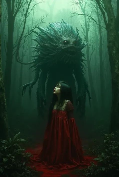 ( obscure), (terror), (  Gothic)  Create an environment with trees , a forest,  make a swamp , And the fish man (monster) make it realistic,  make the girl in the red Victorian dress,  with straight black hair next to the monster . (ultrarealismo).