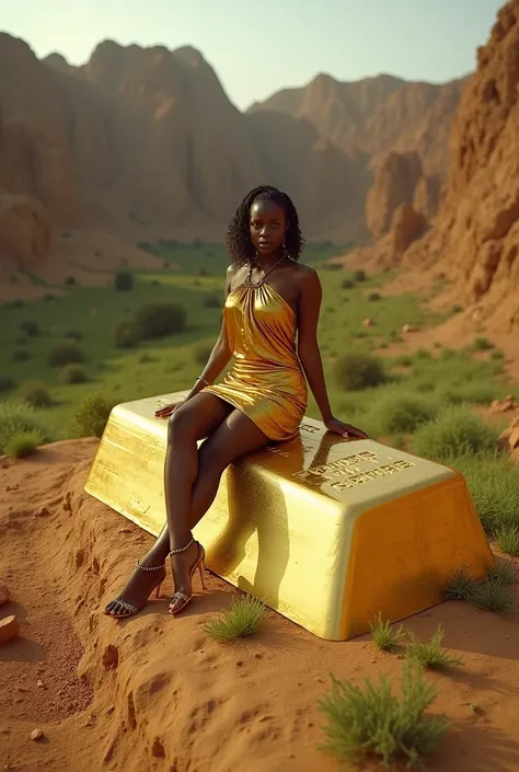 A ugandan female model sitted and posing on a giant 99.99 cataract gold bar in a wasteland l with grass, shrubs, springs and trees