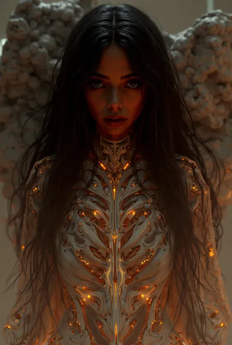  Close-up of an ancient beautiful cybernetic woman angel  ,  standing in front of a black marble statue of a Greek goddess ,  Long black hair ,  cybernetic suit with details in ivory and black  , The costume shines with an orange light  , Exaggerated anato...