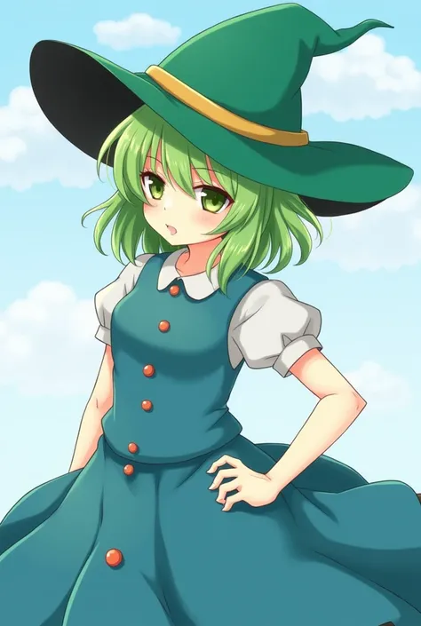 anime girl with green hair wearing a green hat and blue dress, in ryuuou no oshigoto art style, pixiv contest winner, bright witch, from touhou, touhou character, pixiv, sky witch, pixiv style, witch girl, digital art on pixiv, rei hiroe, at pixiv, witch, ...