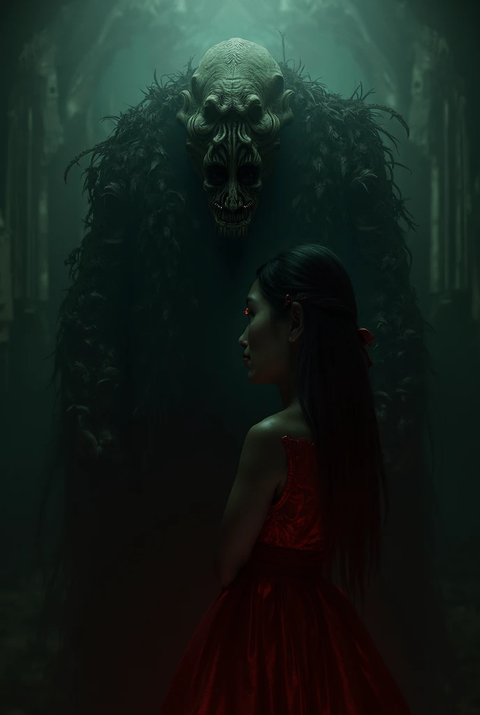 ( obscure), (terror), (  Gothic) Skinwalker: Make him realistic,  make the girl in the red Victorian dress,  with straight black hair next to the monster . (ultrarealismo).