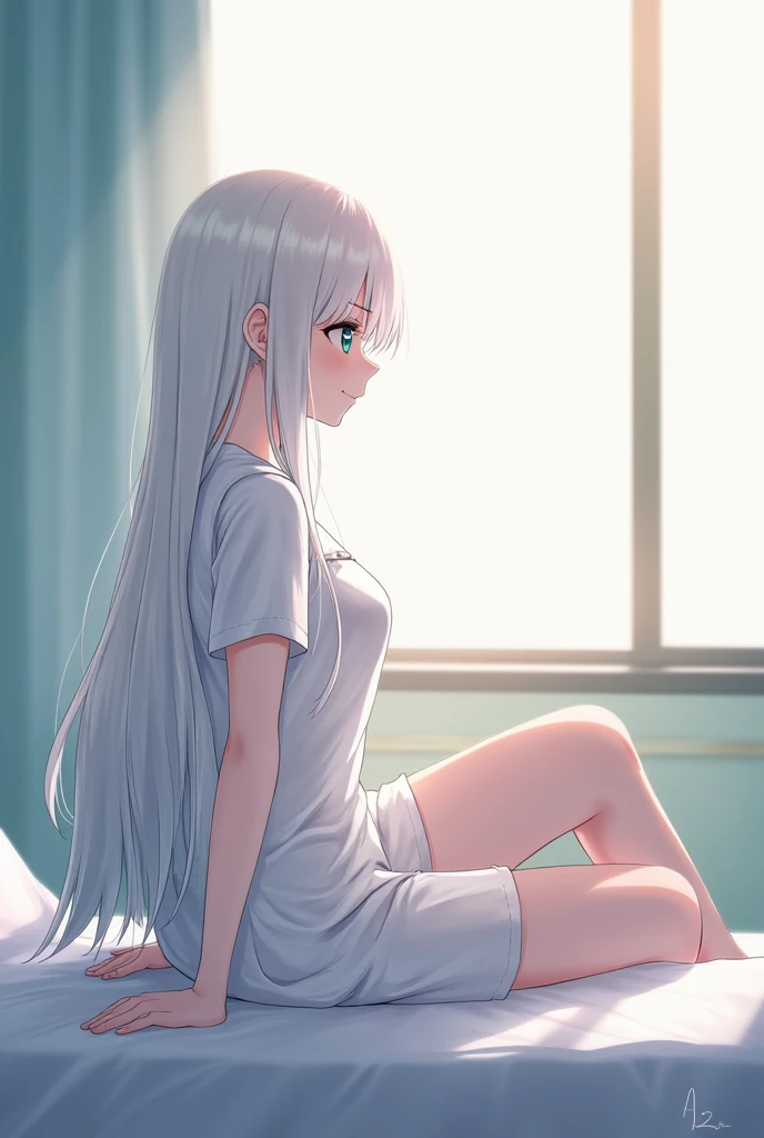 1girl, best quality, beautiful art, masterpiece, Amazing details, white Hospital clothes, smooth white skin, sitting on hospital bed looking outside the window, looking away from viewer, the sun, sunlight in the room, hospital background, long white hair, ...