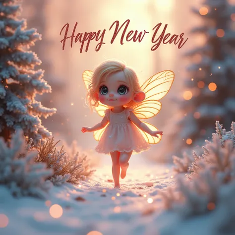 a cute little fairy walking towards a big city with the words "happy new year", big shining eyes, in the style of Christmas enchanted realism, delicate and ethereal Christmas scenery, fairy dream, shiny and sparkling background, light silver and light pink...