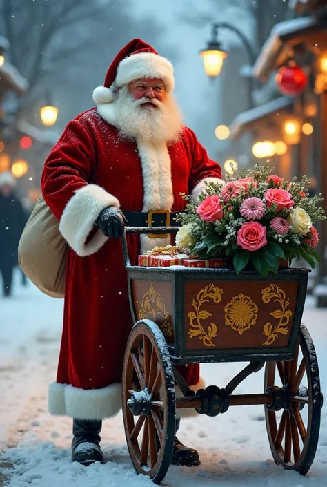 Santa Claus, dressed in a red robe with fluffy fur trim, is pushing an elegant wooden cart adorned with golden patterns and lightly dusted with snow. The carts vintage-style wheels, made of sturdy wood and metal, leave distinct tracks in the fresh snow. In...