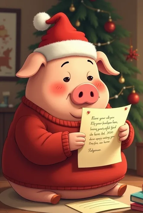 point of view Pak Babi,  a round-bodied anthropomorphic pig with red cheeks ,  wears a red sweater and Santa hat , The letter reads "Sorry,  I have to go for a while . Merry christmas.  - Your wife ."