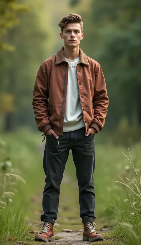 Male, Caucasian, young, very handsome, with random hairstyle, random facial features, smooth face, random facial expression, smooth white skin, dressed in random clothes, random shoes and random body accessories, he is standing in a place in Germany, natur...