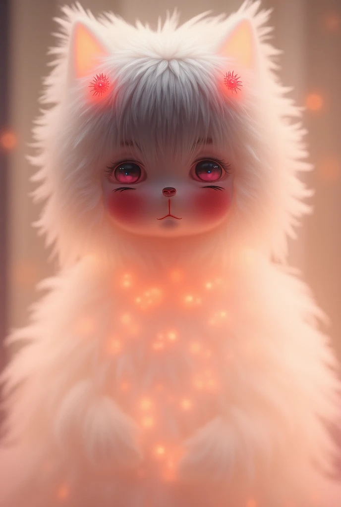 Sweet girl, A fluffy, white fur, Very nice face, Red elements on fur, Glowing T-shirt, Beautiful light and shadows, Ambient light, Ultra detailed fur, surround light