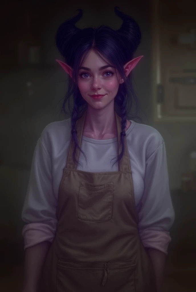 Tiefling woman in early 20s, with soft features, lavender skin, dark purple horns. She’s wearing an apron, smiling at you as she cooks