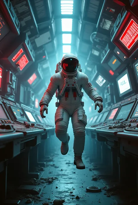 Astronaut in a white spacesuit with a concerned expression, floating in zero gravity amidst a cluttered control room backdrop, with screens and panels displaying alarming error messages, inspired by the futuristic, high-tech aesthetic, the vibrant colors a...