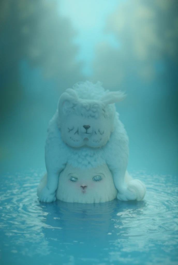 In 3d animation style "Rabbit Sitting Sadly by a Pond" Prompt: A sad rabbit sitting by the edge of a sparkling pond, looking down with a sad expression. The pond reflects the blue sky and nearby trees, and the atmosphere feels calm but melancholic."
