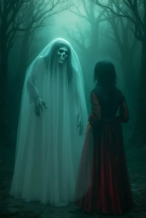 ( obscure), (terror), (  Gothic) Make a forest , And a lake ,  and the skull-faced ghost bride in white ,   skull skull ,  and the veil on her face , She is realistic , Talking to a girl in a red Victorian dress with long sleeves,  with straight black hair...