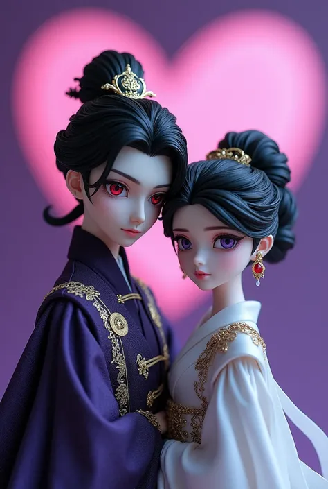 Porcelain anime dolls of an emperor man and an empress woman, black hair,  the red-eyed emperor ,  the violet-eyed empress , both with a serious look, Background a purple heart 